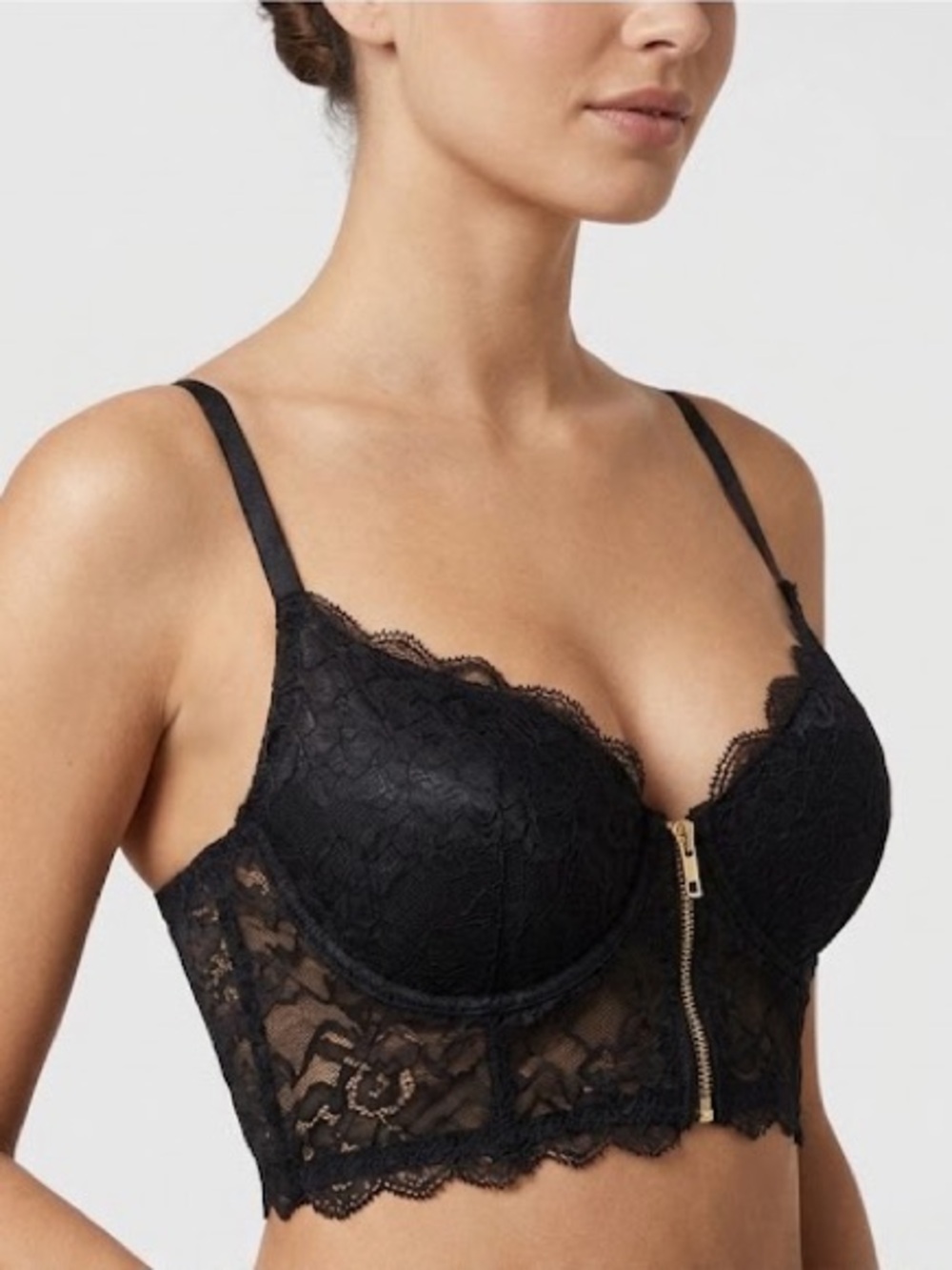 La SENZA Black Lace Longline Bra with Gold Zip Accent SZ M